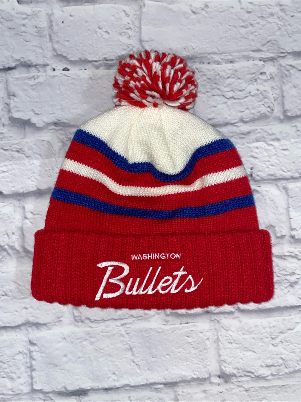 Mitchell & Ness Red, White & Blue Washington Bullets Pom Beanie